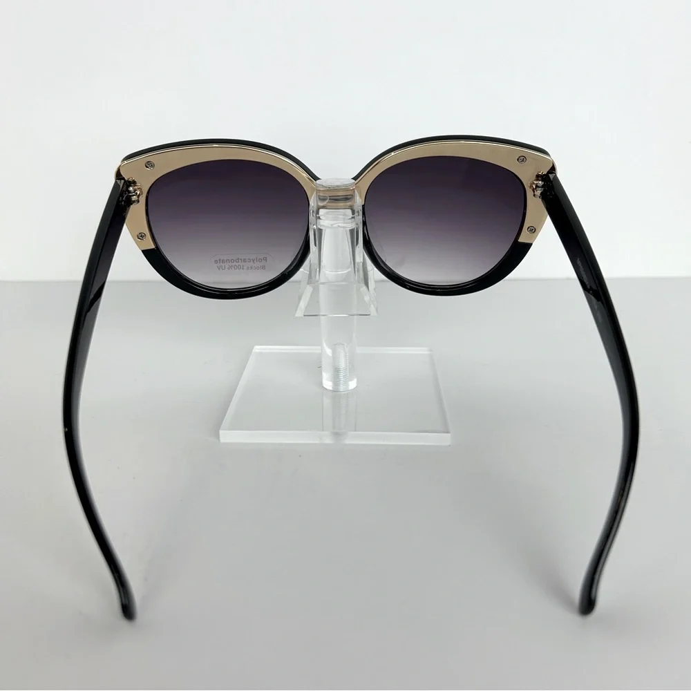 Sunglasses Women's Black Polycarbonate Block 100% UV Gold Trim Cat Eye Shades